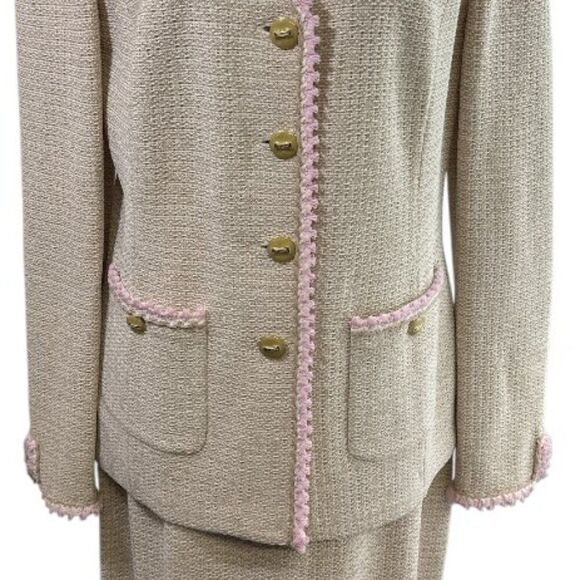 St. John Collection Knit Suit Set Beige Pink Tweed Blazer Jacket Skirt SZ 12 - Picture 8 of 16
